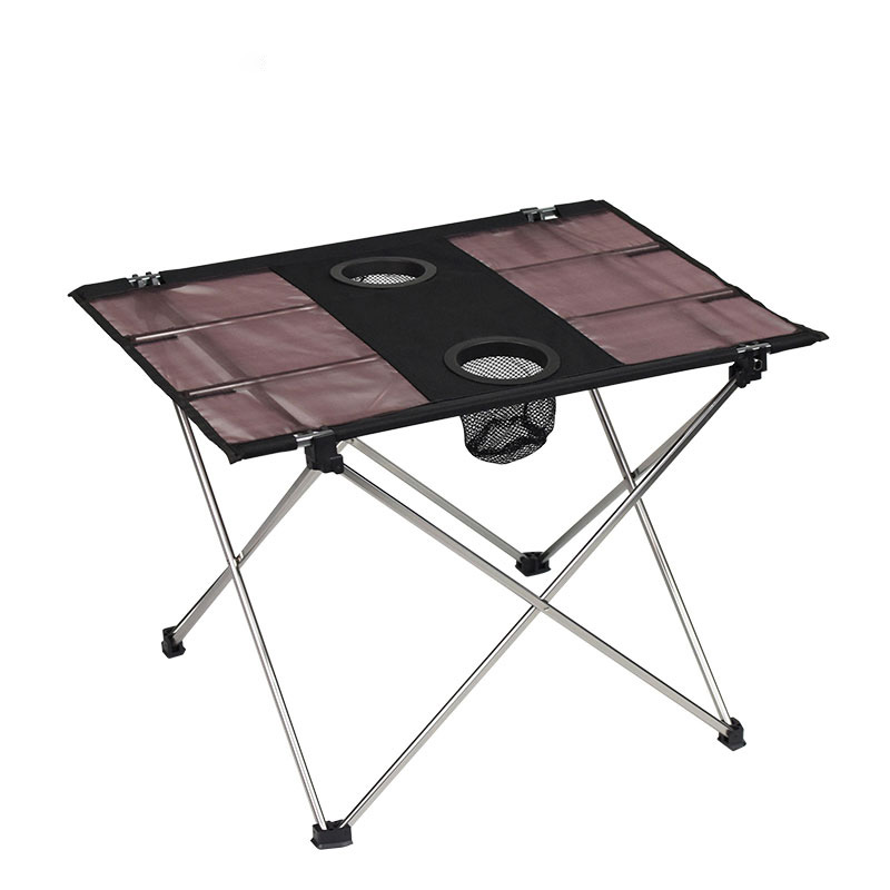 Mesa de camping de malla ligera con portavasos